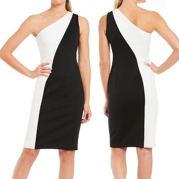 Calvin Klein Dresses & Skirts - Calvin Klein | Black & Ivory Colorblock One Shoulder Scuba Cocktail Sheath Dress